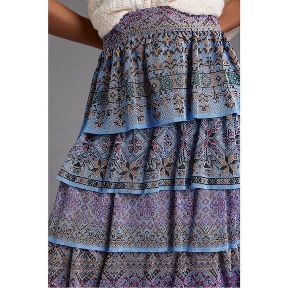 NEW Anthropologie Cecilia Prado Blue Tiered Abstract Pull-On Maxi Skirt Medium - Picture 3 of 4